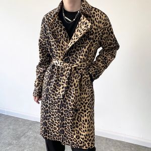 Trench de trincheira masculina impressão de leopardo masculino Vintage Hipster solto casual Trench Long Men coreano Yuppie Trend Trenchcoat Harajuku Jacket