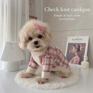 Ins стиль корейский розовый клетка синий пледа кардиган осень и зима теплый маленький и средний кошачий свитер для собак теплый