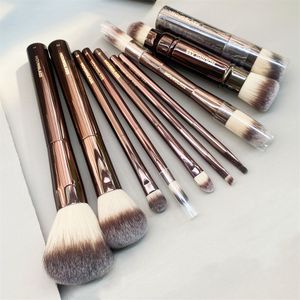 10Pcs Dark-Bronze Metal Handle Hourglass Makeup Brushes Set for Powder Blush Eyeshadow Crease Concealer Brow Liner Smudger