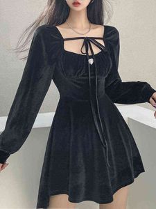 Veludo preto vestido magro mulher vintage 2022 primavera moda coreana y2k mini vestido elegante manga comprida vestido de festa de festa g220414