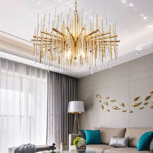 Modern kristal lamba avize oturma odası lambaları için lüks altın yuvarlak paslanmaz çelik zincir avizeler aydınlatma