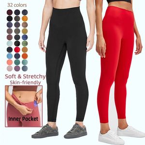 Likralı kumaş Düz Renk kadın Yoga Pantolon 25 '' Inseam Yüksek Bel Kadın Egzersiz Fitness Giyim Spor Giyim Cepli Amazon Tiktok Tayt