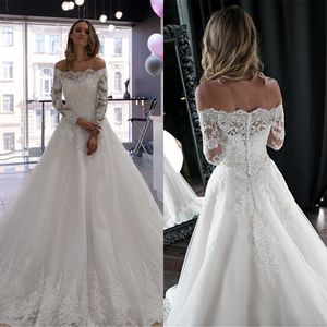 Beyaz Off-omzu Sparkly Boncuk Aplike Dantel Gelinlik Uzun Kollu Gelinlikler Vestido de Noiva