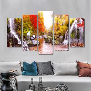 5 panel şelale kırmızı ağaç posterler ve baskılar tuval boyama duvar sanat resimleri oturma odası için sonbahar manzara ev dekor
