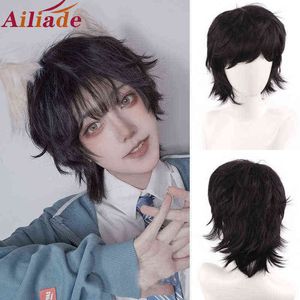 Saç sentetik peruklar cosplay ailiade siyah erkek peruk kısa düz patlama 12 