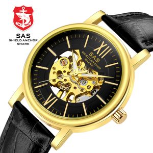 SAS Sport Watch Men Vintage Black Case Leather Band Shield Achield Anthor Shark Hollow Mechanical Watches Подарок для мужчин Relojes Masculino