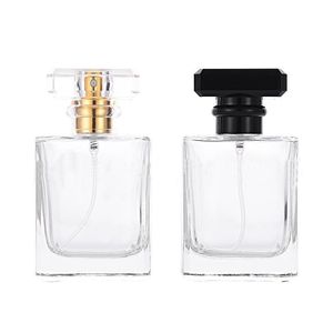 En Popüler Boş Kare Temizle Cam Parfüm Şişeleri 50 ML Kristal Boş Sprey Siyah Şeffaf Pompa Püskürtme Kapağı DH205