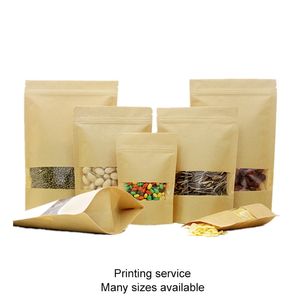 Zip Lock Kraft Paper Gift Bag Vuoto Food Tea Cookies Packaging Self Sealing Zipper Stand Up Window Bags 100pcs T200115