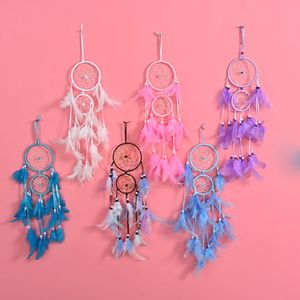 Çift halka rüya yakalayıcı pembe daire tüyü ile boncuk dreamcatcher duvar asılı ev araba dekorasyon zanaat maskotu