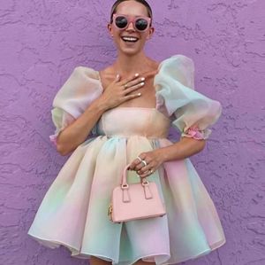 Günlük Elbiseler Sweet Bubbl Sleeve A-line Kravat Boyalı Mini Elbise 2022 Kare Boyun Yüksek Bel Organze Streetwear Prenses SummerCasual