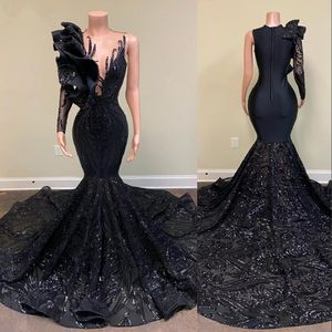 2023 Sexy Elegant Prom Dresses Mermaid Long Sleeve Black Sequined Lace applique Jewel Neck Ruffles African Girl Gala Evening Party gowns Sequins One Shoulder