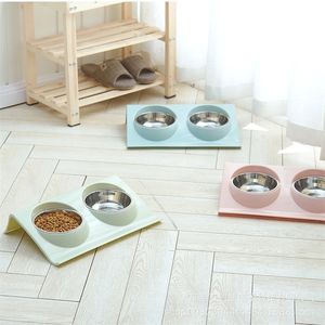 Pet Cat Double Bowls Food Water Feeder Food Bow