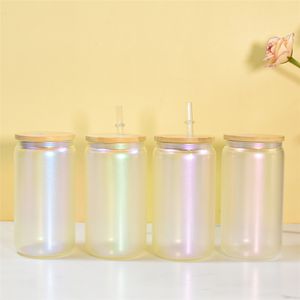 16oz iridescent glass tumblers with bamboo lid holographic sublimation mug laser colors frosted glasses cola beer can beverage DIY heat transfer cups fast shipping
