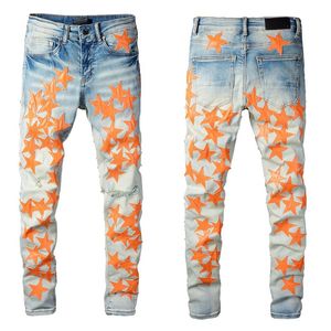 Erkek Kot Erkekler Turuncu Yıldız Patchwork Mavi Delik Streetwear Homme Yırtık Erkek Motosiklet Streç Ince Kot Pantolon