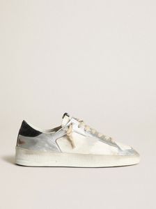Ayakkabı tabanı kirli tasarımcı lüks İtalyan vintage el yapımı Stardan spor ayakkabıları, beyaz nappa ekleri ve siyah deri xx ile gümüş lamine deri