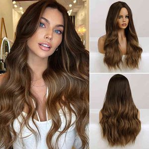 Long Wavy Brown Synthetic Wigs Ombre Middle Part Natural Hair Wig for Women Daily Party Cosplay Heat Resistant Fiber 220622