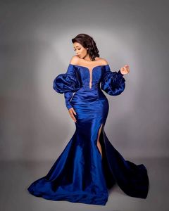 2022 Arapça Aso Ebi Kraliyet Mavi Deniz Kızı Gece Elbiseler Uzun Kollu Boncuklu Prom Elbiseler Tafta Resmi Parti İkinci Resepsiyon Elbise