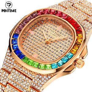 PINTIME кварцевые часы мужские роскошные полные бриллианты в стиле хип-хоп розовое золото со стразами наручные часы мужские часы с золотым циферблатом