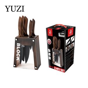 YUZI Kitchen Knives 6Pcs Set Stainless Steel Chef Knife Breading Knife Slicing Paring Tool Meat Cleaver Tools with Block