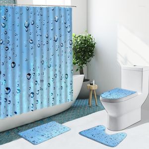 Duş Perdeleri Yaratıcı Su Damlaları Perde 4pcs Set Cam Yağmur Dövdesi Kabarcık Mavi Kabarcık Anti-Slip Halılar Tuvalet Kapak Banyo Banyosu Matshower