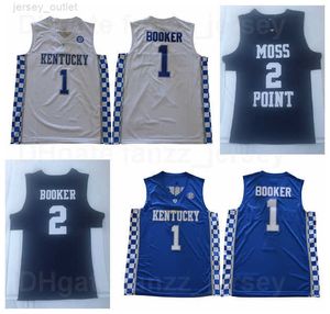 NCAA Moss Point Devin Booker Lise Formaları 1 Kentucky Wildcats Kolej Basketbol Üniversitesi Lacivert Beyaz Takım Deplasman Nefes Gömlek Kaliteli Erkekler Satılık