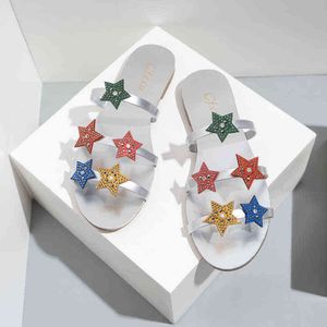 Pantofole Crystal Pentagram Designer Brand Donna Sandali Outdoor Beach Flat Antiscivolo Donna Slides Fashion Sexy Summer New Shoes 220518