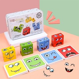 Kids Montessori Toy 64 pcs Cards of Emoticon Puzzle Face Change Cubes Wooden Toys Building Blocks Eonal Game for Children 220621