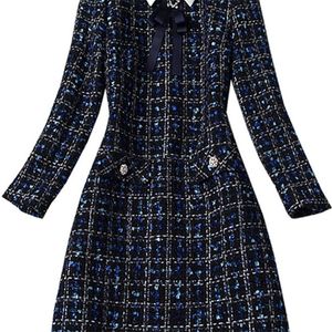 Moda Tasarımcısı Lacivert Ekose Papyon T Elbise Sonbahar Kış Kadın Uzun Kollu Elmas Düğme Vintage Yün Kısa Elbise 220317