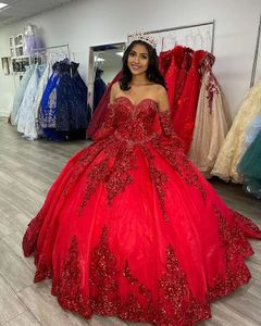 Kırmızı Sparkly Balo Quinceanera Elbiseler Ayrılabilir Kollu Tatlı 16 Elbise Parti Giyim 2022 Vestidos XV Años Charro
