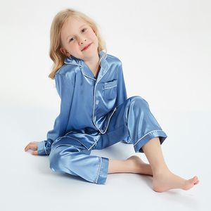 Kızlar Erkek Saten Pijamalar Set İpek PJS Uzun Kollu Çocuklar 2 Parça Pijama Düğmesi Düğme Giyim Loungewear