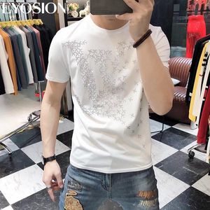 Camiseta masculina de algodão Tops de verão Drill Curto Slim Fit Plane Rhinestone Designs Impresso tamanho maior Homme Tee Clothing