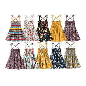 Платья летней девочки цветочная печать детская подвеска юбка без рукавов одежда песчаные пляжные платья детская одежда оптом 14 -летний E3