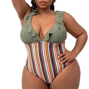 Kadın Seksi Moda Mayo Mayo Plaj Giyim Siyam Ordusu Yeşil Renk Patchwork Stripes Tek Parçalı Artı Boyut Sütyen Yok Baliye Desteği Yaz Mayoları Bikinis