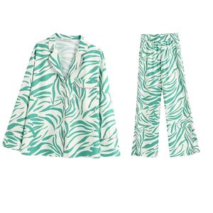 2020 Yeni Yaz Baharı Kadınlar 2 Parça Set Beyaz Yeşil Baskılı Tam Kollu Bluz Uzun Pantolon Takım Kadın Gündelik Kadın Kıyafetleri CX200701