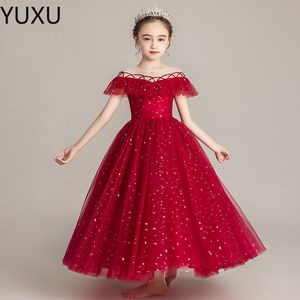 Düğün Dantel Aplike için Kırmızı Çiçek Kız Elbiseler Ruffles Balo Gown Kızlar Pageant önlükleri Serap Süpürme Tren Çocuk Balo Partisi Elbiseleri