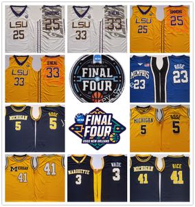 NCAA Final Dört 4 Basketbol Formaları 25 B.Simmons 33 S.Oal Jersey LSU Kaplanları Beyaz Marquette Golden Kartallar Mavi 3 Wade Memphis 23 Rose Jersey Dikişli Kolej