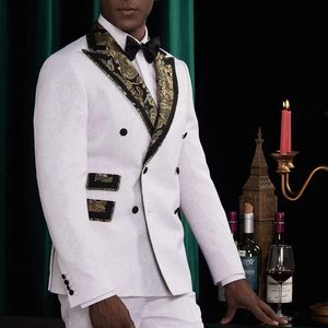 Klasik Beyaz Düğün Smokin Kabartma Erkek Takım İki Parça Resmi İş Mens Ceket Blazer Damat Smokin Coat Pants 01228