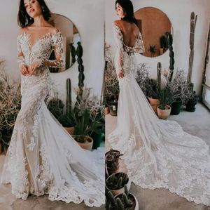 2022 2022 BOHO Uzun Kollu Mermaid Gelinlik Backless Gelin Kıyafeti Dantel Aplike Sweep Tren Custom Made Plaj Bahçe Artı Boyutu Vestido De Novia