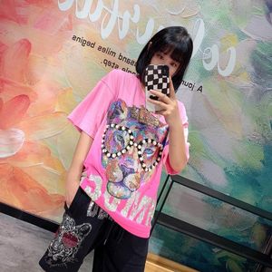 Kadın T-Shirt Lüks Gelgit Markası Yaz Kadın Giysileri Boncuklu Gözlükler Renkli Sondaj Gradyan Boya Pembe Kısa Kılıf Sokak Topwomen's