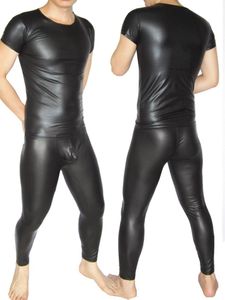 Erkeklerin izleme iki parçalı set vücut şekillendirici fuax deri erkekler legging u dışbükey çanta sıska kalem pantolonlar kısa kollu korseter fad egzersizi