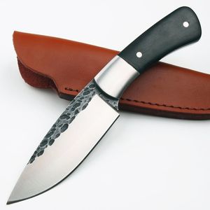 Выживание выживания прямой нож кованая стальная точка капля Satin Blade Full Tang Ebony Renge Fixed Blade Ножи с кожаной оболочкой