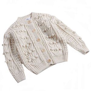 Estilo coreano Autumn Inverno 1-10yrs Kids Cardigan Sweaters Coat de cor sólida colorida artesanal Bola de lã Baby Girls Cardigan L220719