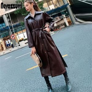 Nerazzurri Autumn long leather trench coat for women long sleeve belt button faux leather raincoat women plus size fashion 201214