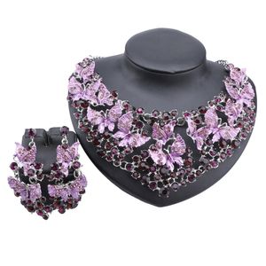 Mode Kristall Schmetterling Silber Farbe Halskette Ohrring Schmuck Sets Für Frauen Bräute Braut Hochzeit Party Kostüm Schmuck