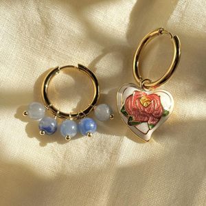 Hoop huggie kalp gül emaye küpeler renkli çiçek cloisonne boncuklar barok inci asimetrik ifade vintage jewelryhoop