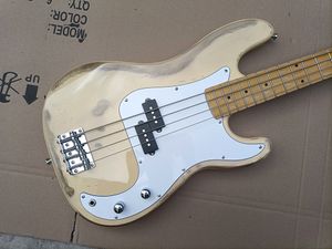 Factory Custom Milk Yellow 4-string Electric Bass Guitar Relic Style Bass Chrome hardwares Maple Fingerboard White Pickguard Offer Customized