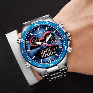Moda Mens relógios de aço inoxidável Top marca de luxo esportes Digital Analog Blue Quartz Watch For Men Man