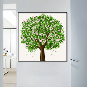 Abstrakter großer grüner Baum und rosa Blumen, Leinwand-Poster, Wand-Kunstdruck, moderne Malerei, Schlafzimmer, Wohnzimmer, Dekoration, Bild