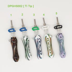 4" US Colored Swirl Pattern Glass Smoking Dab Nector Collector Straw Kit With 10Mm Male Titanium Tip And 10Mm Plastic Clip