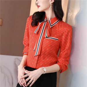 2023 Vintage Şerit Yay Turuncu Gömlek Kadınlar İçin Tasarımcı Uzun Kollu Baskı Yakel İpek Bluzları Bayanlar Ofis Düğmesi Gömlekleri Bahar Sonbahar Sonbahar Çözük Grafik Üstler